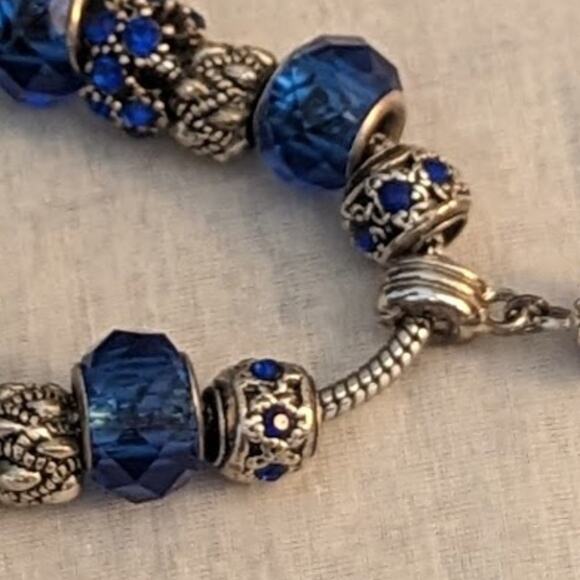 Charm Bracelet With Blue Crystal Beads in Silver Tone Metal with Safety Chain - Picture 4 of 13